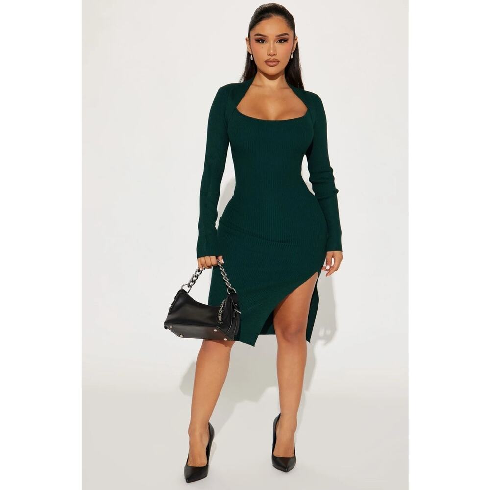 NEW! Fashion Nova Women's L Green Reverie Attitude Long Sleeve Sexy Midi Dress